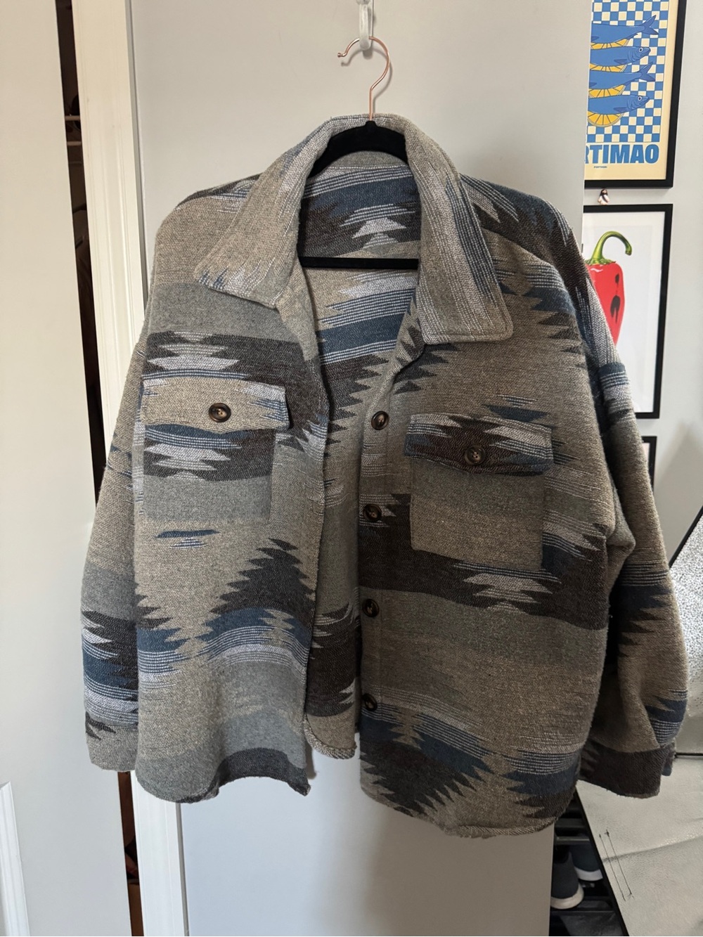Men's Patterned Wool-Blend Shacket Jacket - Gray/Blue